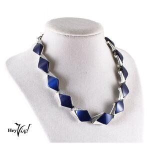 Vintage Geometric Blue Thermoplastic Necklace Silver Tone 16" Statement –Hey Viv